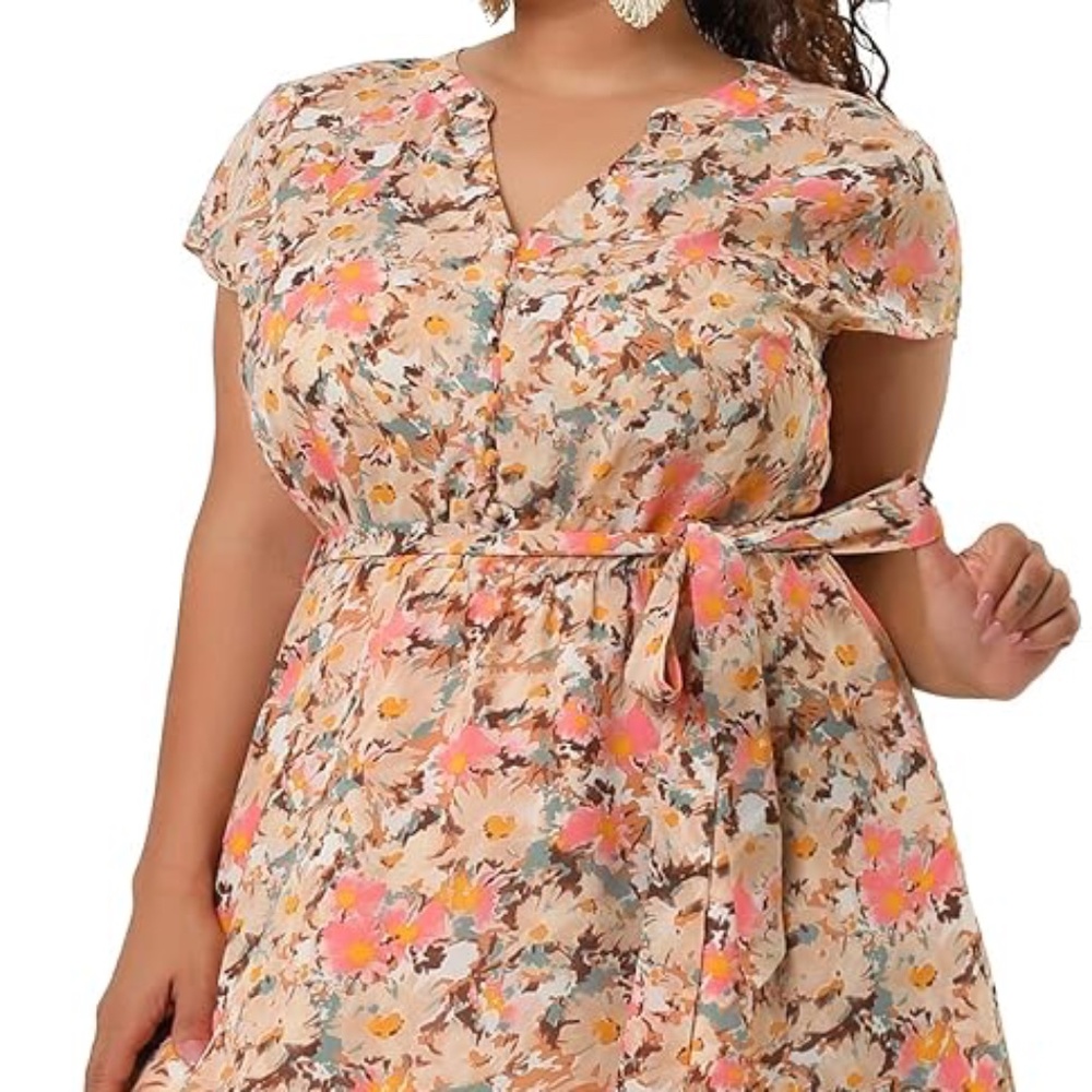 V Neck Short Sleeve Tie Waist Sundress Floral Summer Casual Midi Dress